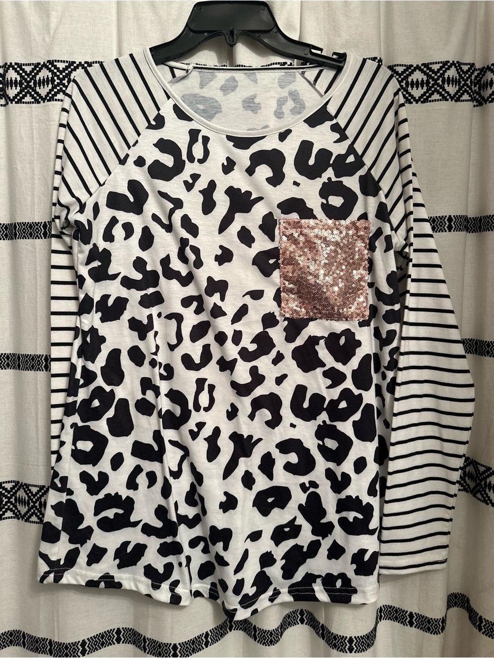 Girls' Black & White Leopard Print Top with Rose Gold Sequin Pocket